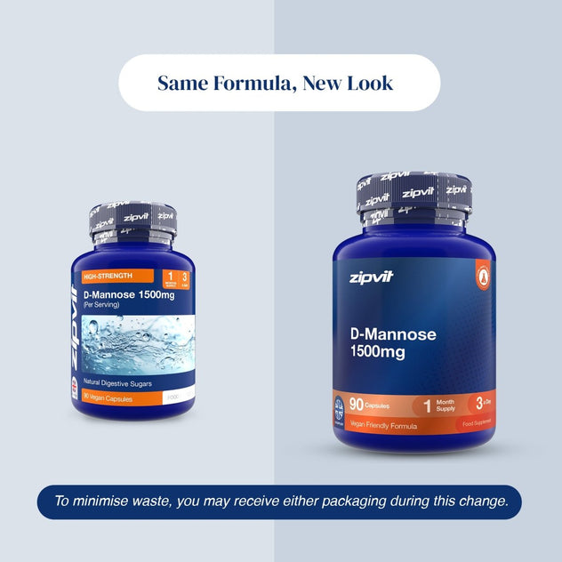 Two blue supplement bottles of zipvit D-Mannose 1500mg capsules shown on a split light gray background, with text reading 'Same Formula, New Look' and a notice about minimizing waste.
