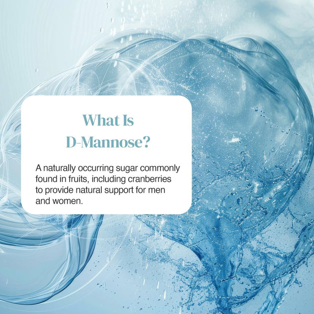Blue water swirl background with a white rounded panel titled What Is D-Mannose describing its purpose