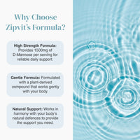 Infographic style with three light blue rounded boxes listing High Strength Formula Gentle Formula and Natural Support beside a water background