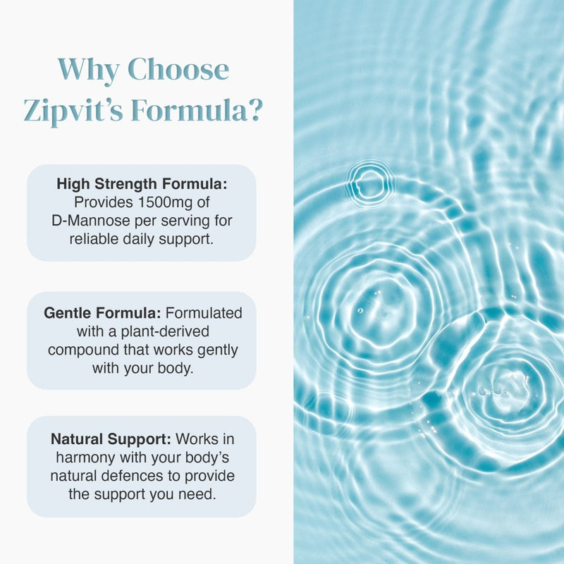 Infographic style with three light blue rounded boxes listing High Strength Formula Gentle Formula and Natural Support beside a water background