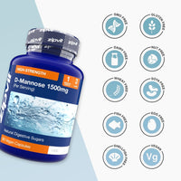 Blue D-Mannose 1500mg bottle with allergen free icons displayed to the right