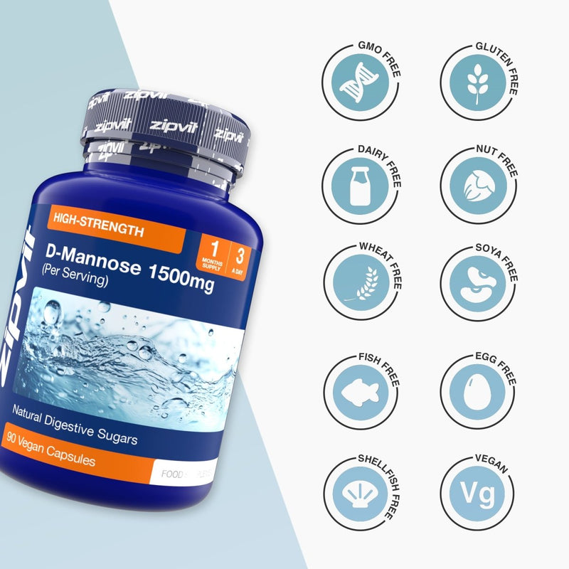 Blue D-Mannose 1500mg bottle with allergen free icons displayed to the right