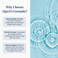 Promotional graphic for Zipvit's Formula with text on the left and a water ripple background on the right. The text highlights high strength formula, gentle formula, and natural support.