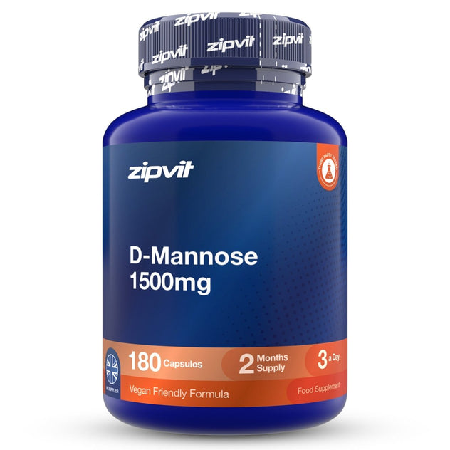 A blue plastic bottle of zipvit D-Mannose on a white background.