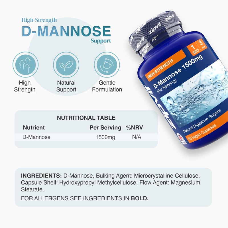 D-Mannose 1500mg bottle angled against a blue water graphic with a nutritional table visible on the label area
