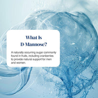 An informational graphic with a white rounded text box reading 'What Is D-Mannose?' and a short description about D-mannose as a naturally occurring sugar found in fruits, set over a blue water-splashed abstract background.