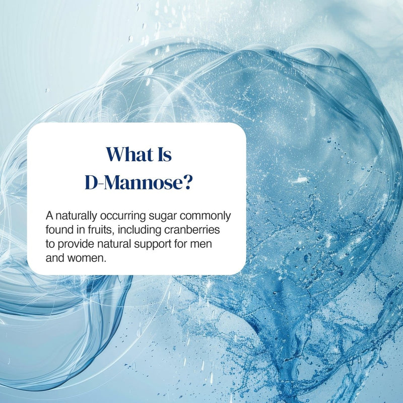 An informational graphic with a white rounded text box reading 'What Is D-Mannose?' and a short description about D-mannose as a naturally occurring sugar found in fruits, set over a blue water-splashed abstract background.