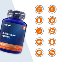 A blue bottle of zipvit D-Mannose 1500mg dietary supplement capsules shown next to a list of dietary certification icons on a white background.