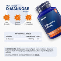 A blue bottle of zipvi D-Mannose 1500mg dietary supplement shown on a light gray background with informational graphics, including a circular badge, a nutrition table, and ingredient text.