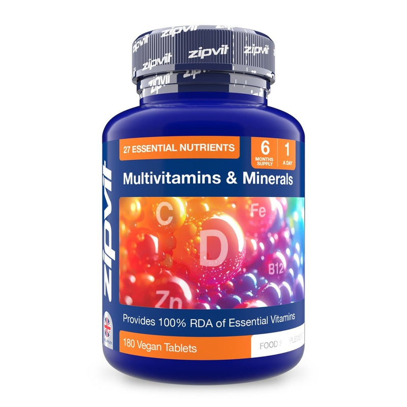 Daily Essentials Multivitamin and Minerals bottle with colorful label and 180 vegan tablets