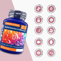 Blue bottle of Daily Essentials Multivitamins and Minerals with a grid of free from icons on a white background.