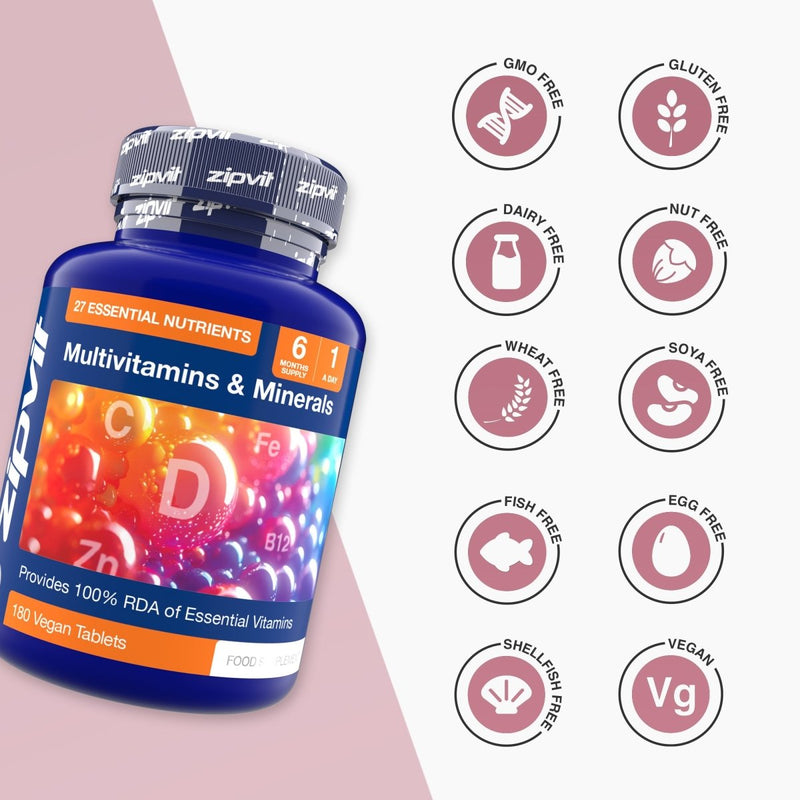 Blue bottle of Daily Essentials Multivitamins and Minerals with a grid of free from icons on a white background.