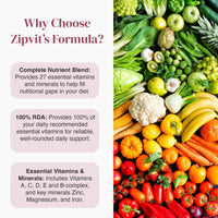 Colorful assortment of fruits and vegetables beside a left panel reading Why Choose Zipvit's Formula with rounded benefit boxes.