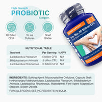 High-Strength Probiotic Complex with 20 Billion CFU 3 live cultures and shelf stable icons beside a Pro-Bio bottle