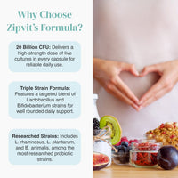 Why Choose Zipvit's Formula infographic with blue text blocks on the left and a pregnant woman with fruit on the right.