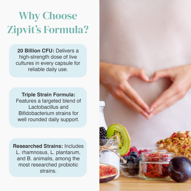 Why Choose Zipvit's Formula infographic with blue text blocks on the left and a pregnant woman with fruit on the right.