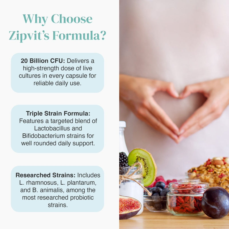 Why Choose Zipvit's Formula infographic with blue text blocks on the left and a pregnant woman with fruit on the right.