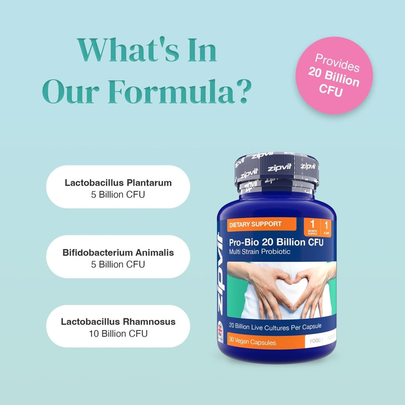 Whats In Our Formula panel lists Lactobacillus Plantarum 5 Billion CFU Bifidobacterium Animalis 5 Billion CFU and Lactobacillus Rhamnosus 10 Billion CFU beside the bottle