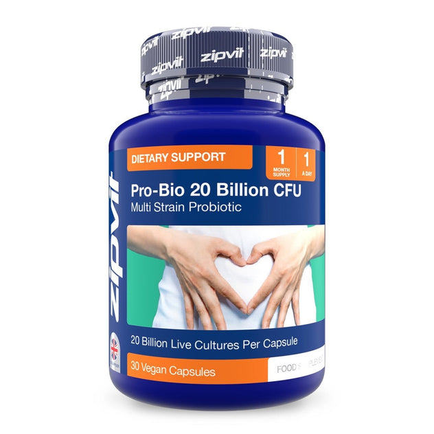 Daily Probiotic 20 Billion CFU bottle with blue label and orange accents.