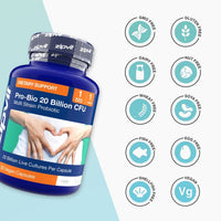 Pro-Bio bottle with dietary badges including GMO Free Gluten Free Dairy Free Nut Free and vegan