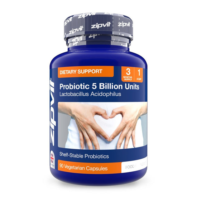 Probiotic bottle labeled Probiotic 5 Billion Units with Lactobacillus acidophilus and 90 vegetarian capsules