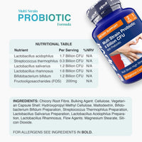 Zipvit Multi Strain Probiotic bottle beside a nutrition table listing six strains and CFU per serving