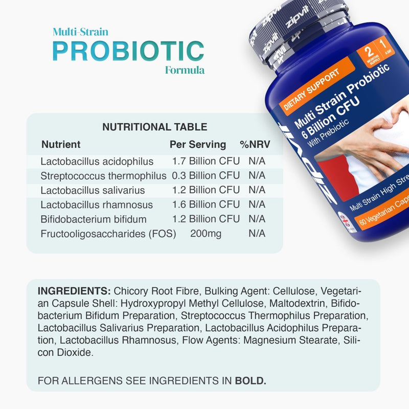 Zipvit Multi Strain Probiotic bottle beside a nutrition table listing six strains and CFU per serving