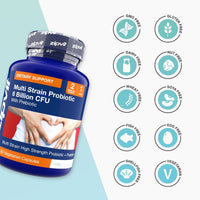 Blue bottle of Daily Probiotic 6 Billion CFU Multi-Strain with hands forming a heart on the label