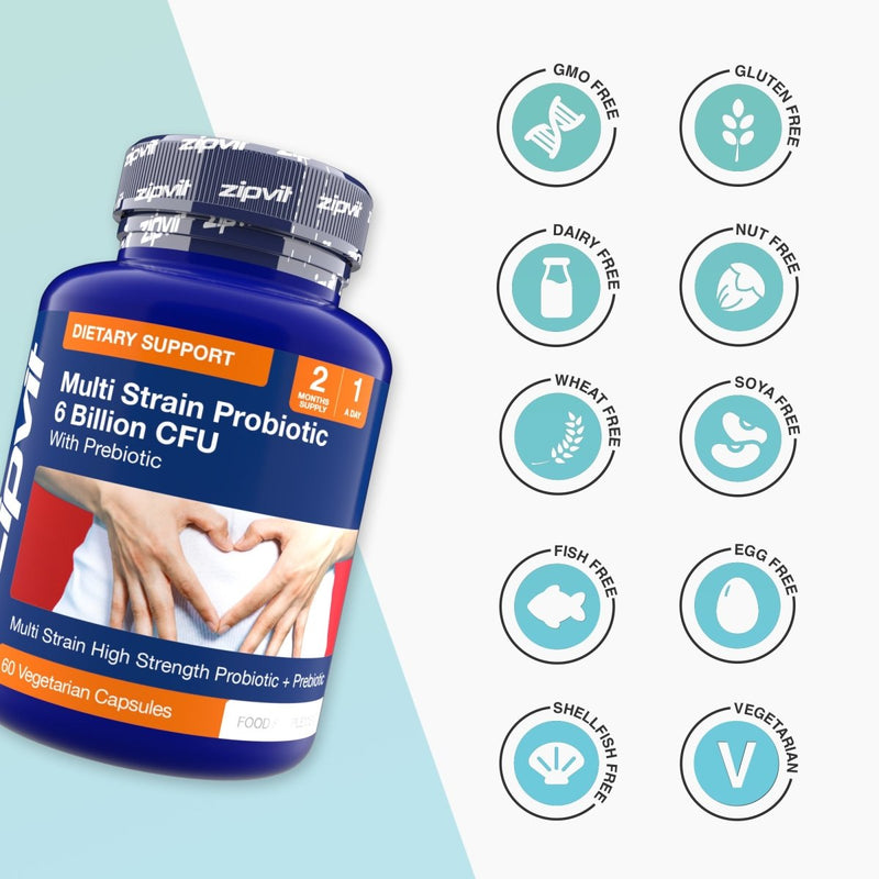 Blue bottle of Daily Probiotic 6 Billion CFU Multi-Strain with hands forming a heart on the label