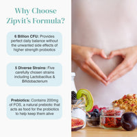 Why Choose Zipvit's Formula infographic with three blue info bubbles beside a pregnant belly and fruit