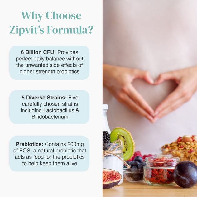 Why Choose Zipvit's Formula infographic with three blue info bubbles beside a pregnant belly and fruit