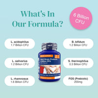What’s In Our Formula infographic showing a 6 Billion CFU badge around the central Daily Probiotic bottle