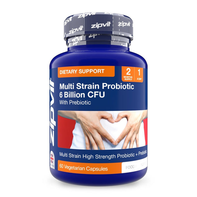 Blue Zipvit Daily Probiotic bottle labeled Multi Strain Probiotic 6 Billion CFU with prebiotic