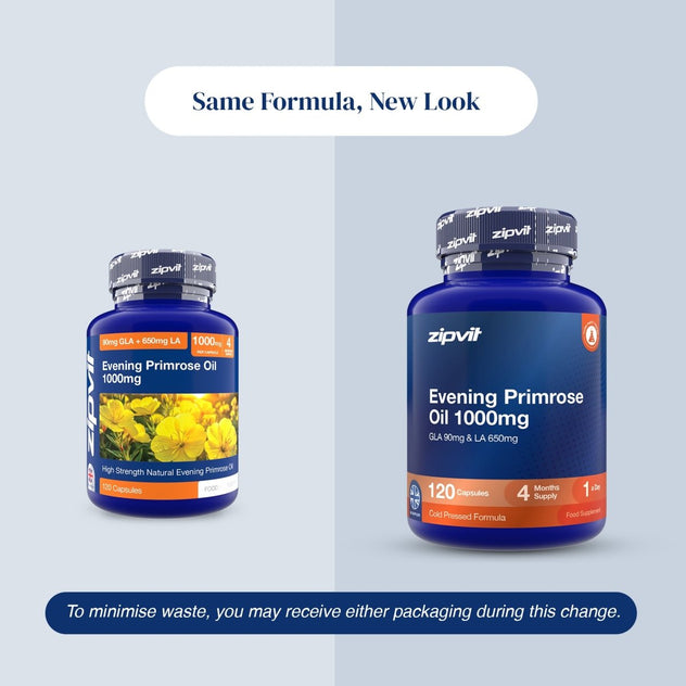 Two blue supplement bottles of zipvit Evening Primrose Oil 1000mg shown side by side on a light gray background, with text reading 'Same Formula, New Look' and a note about minimizing waste.