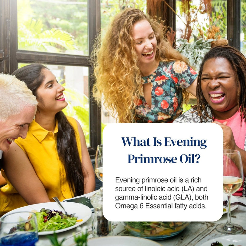 Four people laughing around a dining table with food and wine glasses, with a text overlay reading 'What Is Evening Primrose Oil?' and a brief explanatory note about linoleic acid, LA, and gamma-linolic acid (GLA) Omega 6 Essential fatty acids.