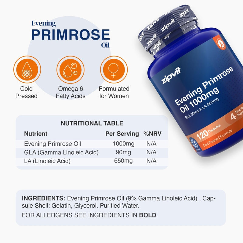 A bottle of zipvit Evening Primrose Oil 1000mg dietary supplement shown on a light gray background with product information, icons, a nutritional table, and ingredients listed.