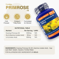 Blue Evening Primrose Oil bottle tilted beside a nutritional table showing 1000 mg per serving.