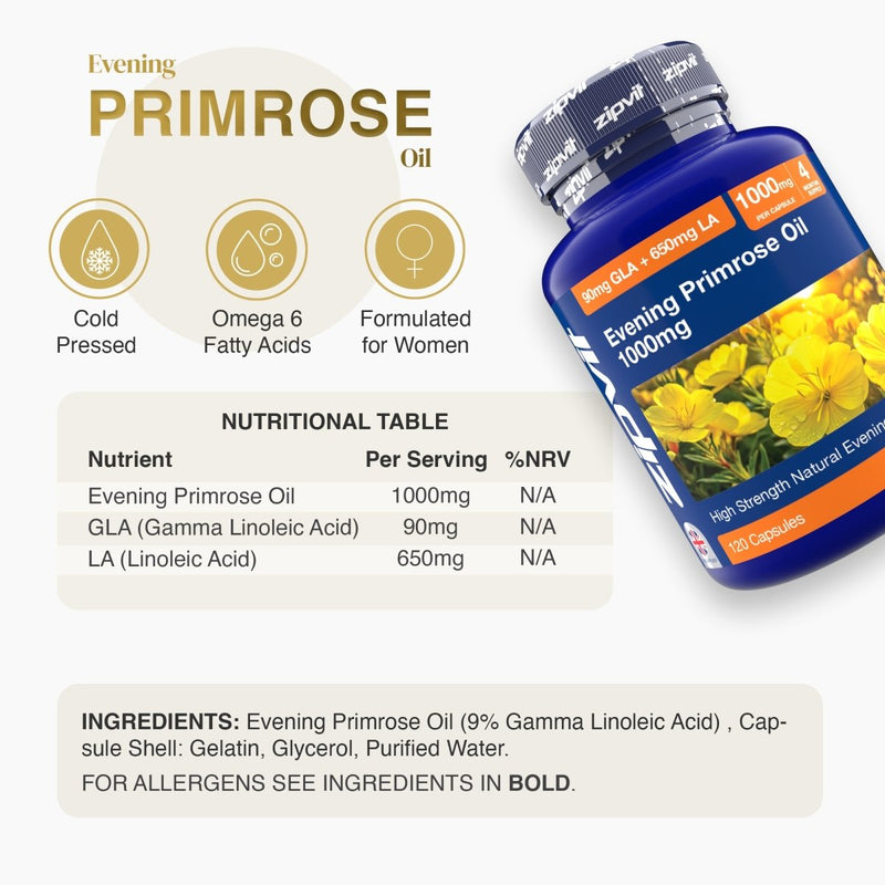 Blue Evening Primrose Oil bottle tilted beside a nutritional table showing 1000 mg per serving.