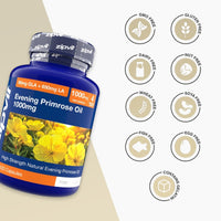 Evening Primrose Oil bottle beside a grid of free from icons indicating GMO gluten dairy nut soy and egg.