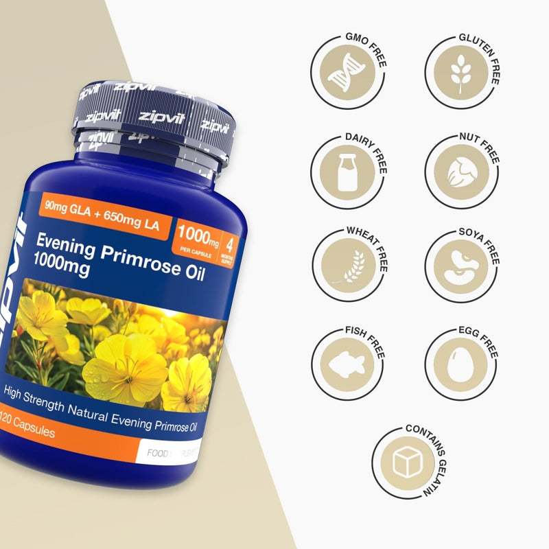 Evening Primrose Oil bottle beside a grid of free from icons indicating GMO gluten dairy nut soy and egg.