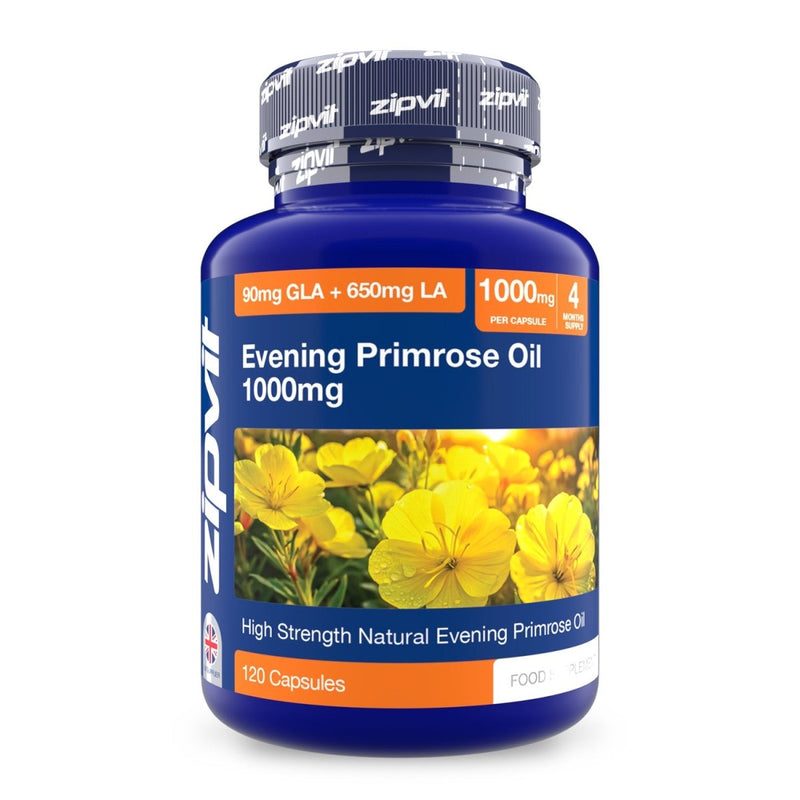 Evening Primrose Oil 1000mg blue bottle with a label featuring a photo of yellow flowers