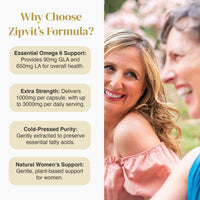Evening Primrose Oil promotional graphic with left side benefit bubbles and a smiling couple outdoors on the right.