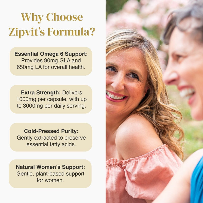 Evening Primrose Oil promotional graphic with left side benefit bubbles and a smiling couple outdoors on the right.