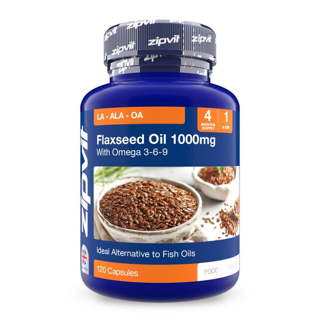 Blue Flaxseed Oil 1000mg supplement bottle with omega 3-6-9 label and flax seed imagery on the front