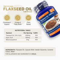 Blue flaxseed oil bottle labeled 1000mg tilted to the right with three gold icons for cholesterol support omega 3 fatty acids and plant based and a nutrition table