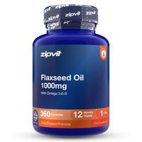 A blue plastic bottle of zipvit Flaxseed Oil 1000mg with Omega 3-6-9, containing 360 capsules, on a white background.
