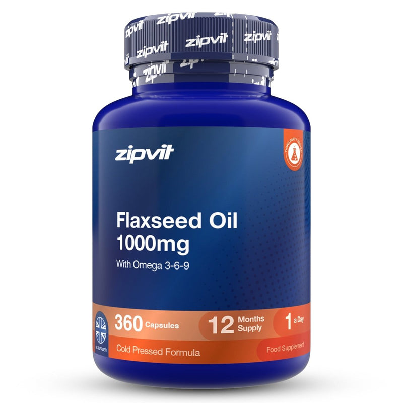 A blue plastic bottle of zipvit Flaxseed Oil 1000mg with Omega 3-6-9, containing 360 capsules, on a white background.