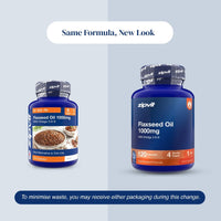 Two Zipvit Flaxseed Oil 1000mg supplement bottles shown side by side on a light blue-gray background, with text reading 'Same Formula, New Look' and a note about minimizing waste.