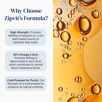Promotional graphic for Zipvit's flaxseed oil formula, featuring three text callouts on the left explaining high strength, 50% Omega-3 ALA, and cold-pressed purity, next to a golden-yellow background with floating oil droplets.