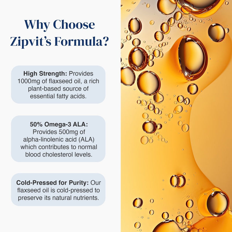 Promotional graphic for Zipvit's flaxseed oil formula, featuring three text callouts on the left explaining high strength, 50% Omega-3 ALA, and cold-pressed purity, next to a golden-yellow background with floating oil droplets.